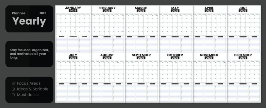 yearly,calendar,black modern flat vector illustration for annual overview design vector graphic for event planning