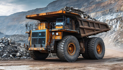 Fototapeta premium Large mining truck carrying rocks in a industrial setting