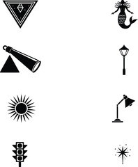 Collection of black and white icons light bulbs sun mermaid and traffic light symbols