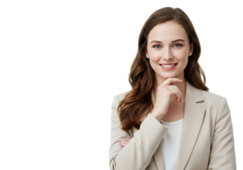 Young caucasian woman, dark wavy hair, beige business jacket, confident smile, hand on chin, bright white background, copy space, high key, concept of corporate confidence.