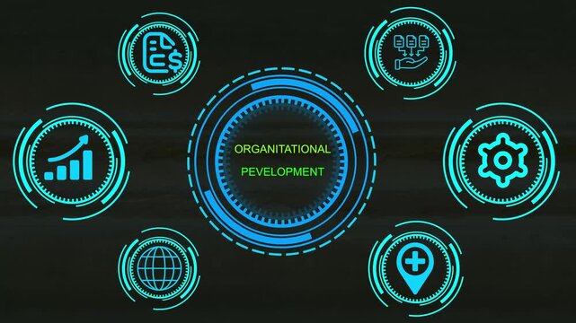 Progress Futuristic digital with .central text surrounded by circular HUD elements and red icons for idea gears brain growth chart and lock .