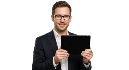 Young Caucasian man in tailored suit holding a sleek black tablet with a confident smile, looking at camera on transparent studio background, concept of modern business communication
