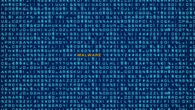 System malware, computer warning sign, random letters, signs, computer code. Bits and bytes,  system message, cyber attack, threat, network security, virus, computer crime. 3D animation