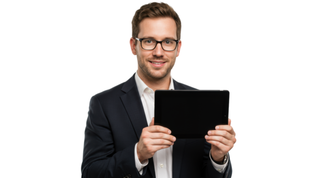 Young Caucasian man in tailored suit holding a sleek black tablet with a confident smile, looking at camera on transparent studio background, concept of modern business communication