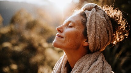 Woman enjoying serenity in nature with a towel and a peaceful expression