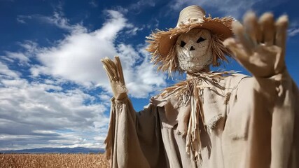 Scarecrow in a field under a blue sky with white clouds. The scarecrow is wearing a straw hat and burlap clothing. - Powered by Adobe