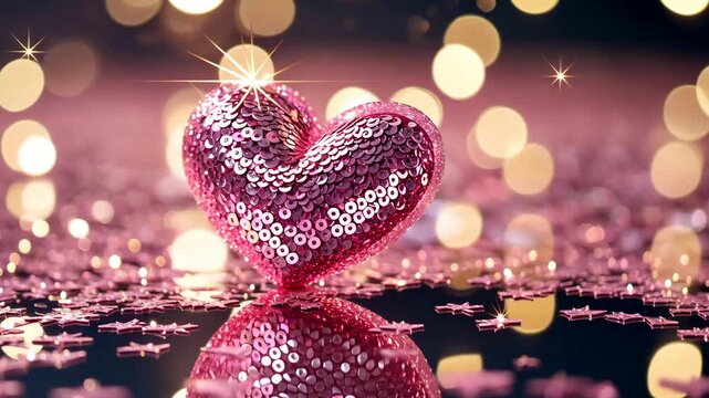 Sparkling sequin heart standing on glitter surface with glowing golden bokeh lights creating romantic festive background