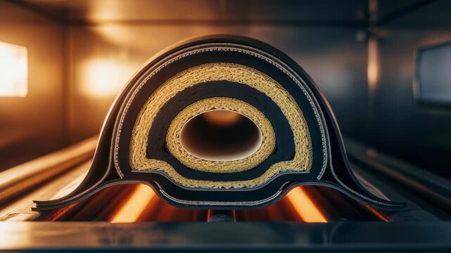 Crosssectional view of a Kevlar fuel bladder being vulcanized inside an industrial oven revealing layers of composite materials sealed for aerospace safety.