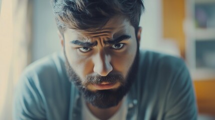 Fototapeta premium Man with beard looking at the camera. Man with beard in video of man with a beard in a realistic style. News field with a shallow depth of stress. A bearded man gazing at lifestyle the camera.