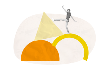 Composite creative art collage of happy small girl kid walk colorful geometric figure dance weekend walk isolated on painted background