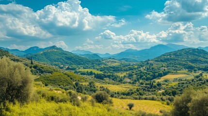 Fototapeta premium An olive grove in the mountains. A beautiful green island in the midst of lush green vistas of the island of corfu. A field of hills in summer with a shallow field depth. A mountain olive lifestyle.