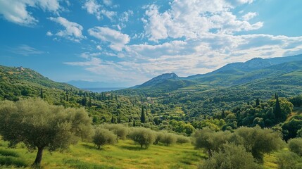 Fototapeta premium An olive grove in the mountains. A beautiful green island in the midst of lush green vistas of the island of corfu. A field of hills in summer with a shallow field depth. A lifestyle mountain olive.