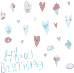 Birthday design with hearts and cupcakes. Vector illustration