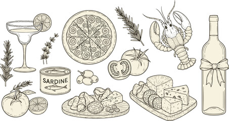 Italian Mediterranean food and drink illustration with pizza, cheese, wine, lobster, sardine, olives, herbs, cocktail, hand drawn style