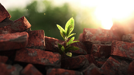 green sapling sprouting amidst collapsed brick wall debris soft sunlight filtering dust resilience symbolism illustration concept scene visual for commercial design use high detail quality stock image