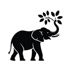 A majestic silhouette of an elephant standing tall reaching for fresh leaves on a branch with its trunk outstretched in a white background this image is a perfect representation of nature and wildlife