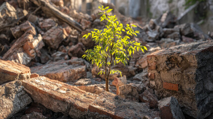 Obraz premium green sapling sprouting amidst collapsed brick wall debris soft sunlight filtering dust resilience symbolism illustration concept scene visual for commercial design use high detail quality stock image