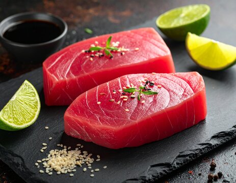 Fresh Raw Tuna Steaks Prepared for Culinary Delight with Lime and Sesame Seeds