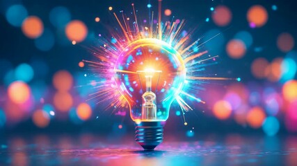 Glowing colorful lightbulb with bright sparks and vibrant bokeh background creating concept of creativity and innovation - Powered by Adobe