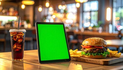 Fototapeta premium Green Screen Tablet Mockup Burger, Fries, and Soda in Restaurant Setting