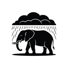Abstract Black Silhouette of an Elephant Walking in the Rain Under a Cloud Illustration
