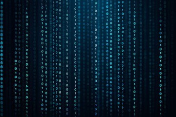 Abstract digital stream of cascading binary code in shades of deep blue and black representing data flow and technology