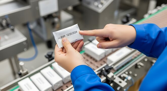 Quality control worker inspecting expiration date on product packaging in an industrial manufacturing facility