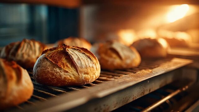 Freshly baked bread: golden-brown loaves cooling on a rack, warm steam rising, tempting aroma filling the air. Home baking perfection.