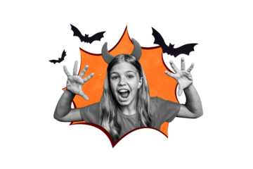 Composite trend 3D collage of happy halloween autumn holiday spooky season young school age girl boo scary gesture hand witch face bat fly