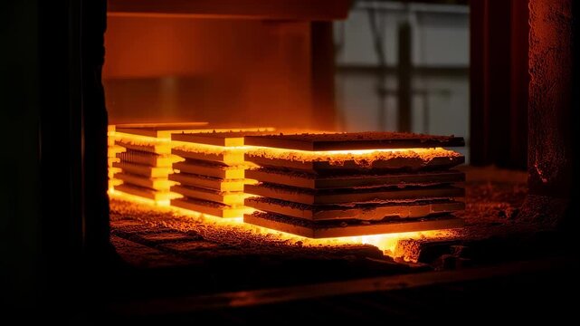 Sintering furnace zone illuminated by fiery glow from ceramic ballistic plates showcasing material toughening process.