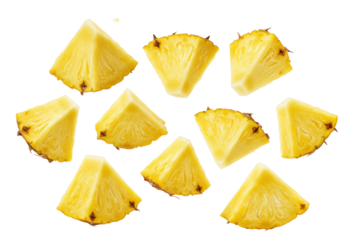 Vibrant yellow pineapple chunks, irregularly chopped, with glistening juice, floating weightlessly against a transparent, shadowless studio background, concept of tropical freshness and vitality