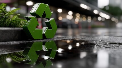 Recycling symbol in a puddle on a city street