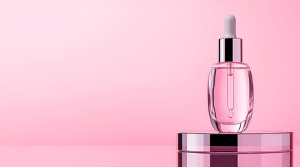 Skincare jar on marble pedestal against a pink background - Concept of Galactic metallic  