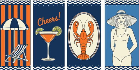 Retro summer beach illustration with cocktail, lobster, umbrella, and woman in swimsuit, vintage seaside holiday vector design for vacation vibes