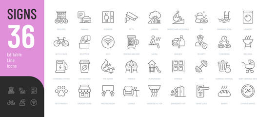 Signs line Editable Icons set. Vector illustration in modern thin line style of facilities related icons: parking, playground, reception, and more. Isolated on transparent background.