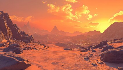 Naklejka premium A road leading to the horizon, with mountains in the background, a desert landscape