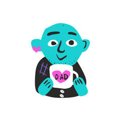 LGBTQ+ Dad with Blue Skin Holding Heart Mug Labeled “DAD” – Naive Flat Hand-Drawn Vector Illustration on Transparent Background for Father’s Day Cards, Inclusive Campaigns, and Parenting Content 