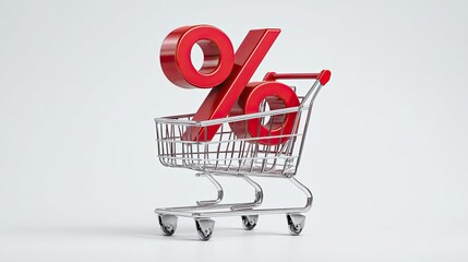 Red percent symbol inside shopping cart for discount promotion and retail marketing sale concept