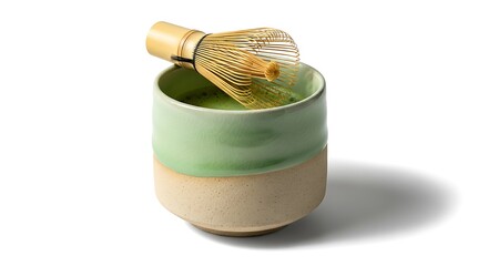 Matcha Tea Ceremony - A Traditional Japanese Beverage with Bamboo Whisk.