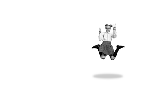 Composite photo collage of happy schoolgirl jump show two fingers peace gesture wear uniform study year isolated on painted background - Powered by Adobe