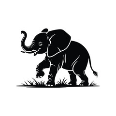 Majestic Elephant Silhouette Walking Gracefully Through Lush Green Grass Underneath the Bright Blue Sky