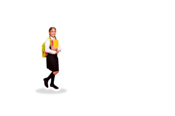 Composite photo collage of happy cute schoolgirl carry rucksack notepad supplies lesson preparation class isolated on painted background