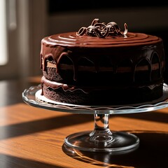 Decadent Chocolate Cake on Glass Stand - A Sweet Indulgence.