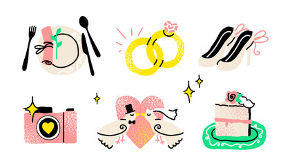 A charming collection of wedding essentials for your special day. Creative festive items celebrate a love story, featuring romantic symbols like a bouquet, wedding rings, and a tiered cake.