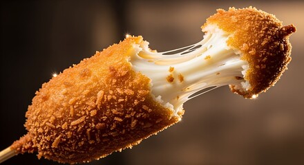 Close up of a delicious deep-fried Korean corn dog on a stick, broken in half to reveal a spectacular and gooey mozzarella cheese pull