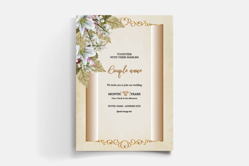 WEDDING INVITATION FRAME WITH FLOWER DECORATIONS AND FRESH LEAVES