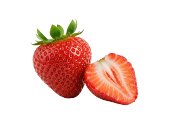 A perfectly ripe whole red strawberry and a halved one, revealing juicy interior, on a transparent surface with negative space, macro studio shot, concept of natural freshness and quality