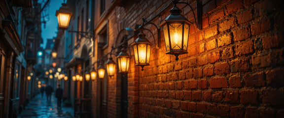 Evening stroll through cobblestone alley with lanterns historic district photography urban low angle serene atmosphere