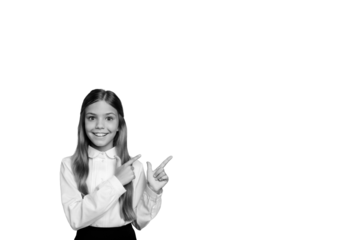 Composite photo collage of happy schoolgirl hands point index finger education autumn fall concept isolated on painted background