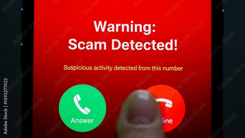 Poster man's finger declining a scam call on a smartphone screen showing 